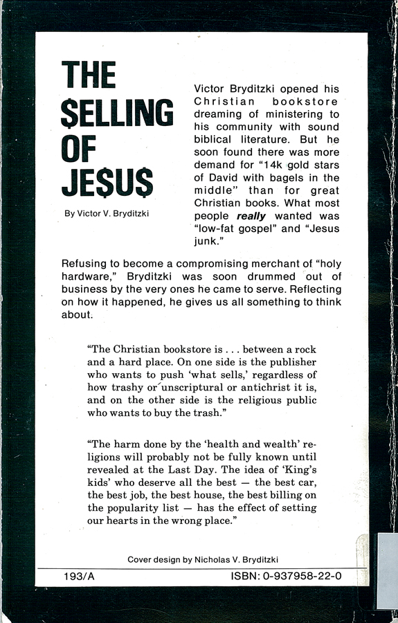Picture of the back cover of the book entitled The Selling of Jesus.