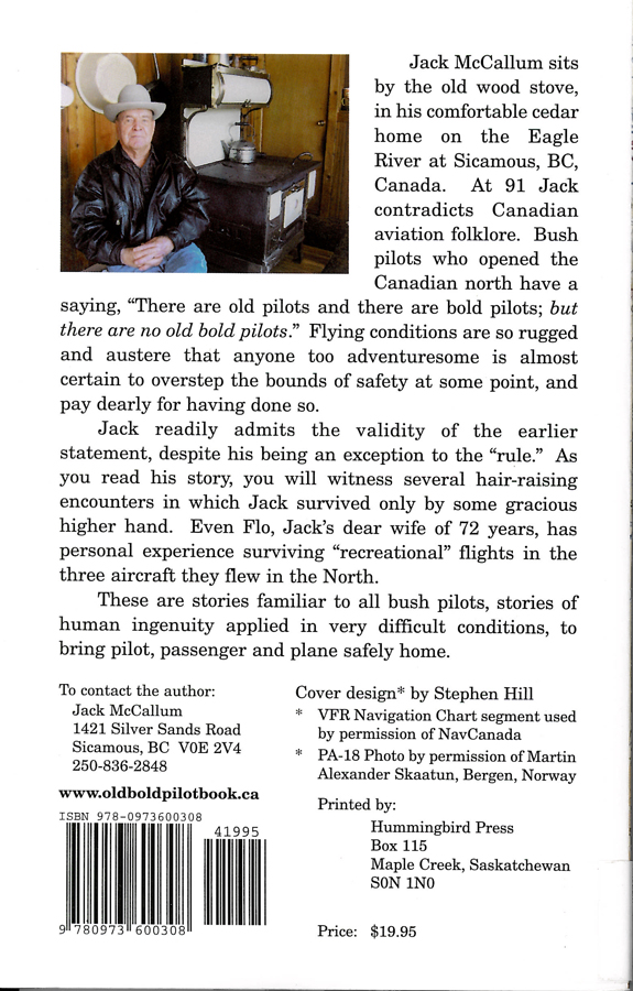 Picture of the back cover of the book entitled Old Bold Pilot Flying the North.
