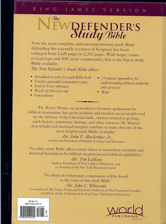 Picture of the back cover of the book entitled The New Defender's Study Bible.