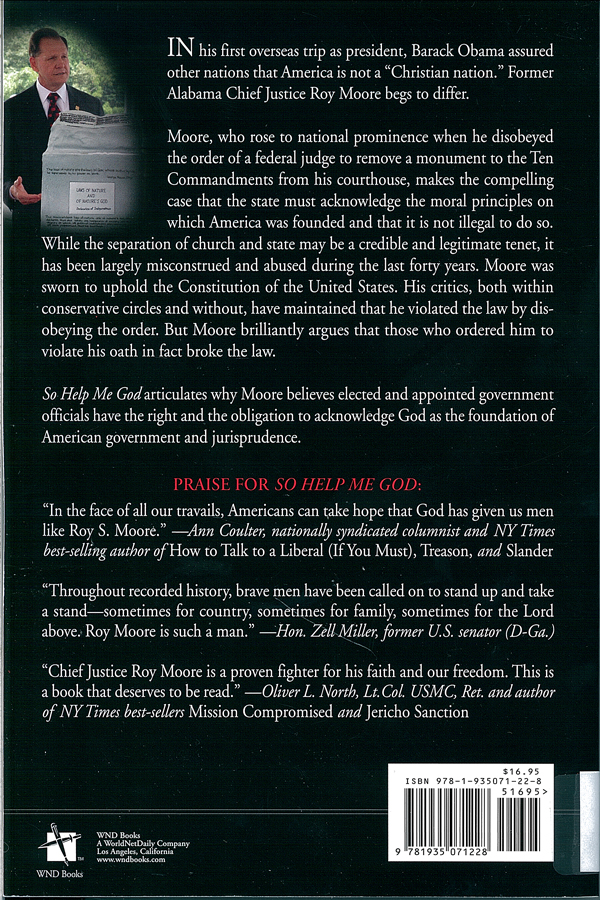 Picture of the back cover of the book entitled So Help Me God.