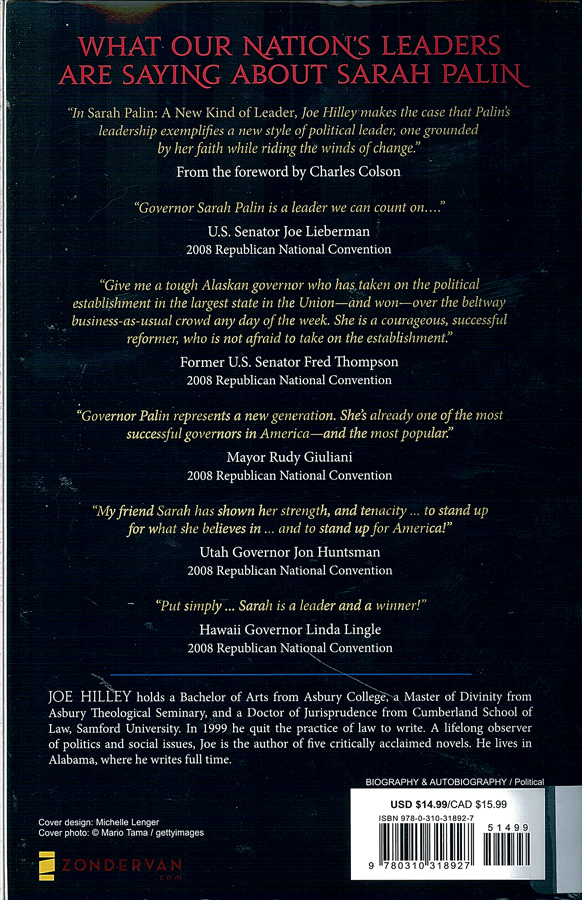 Picture of the back cover of the book entitled Sarah Palin: A New Kind of Leader.