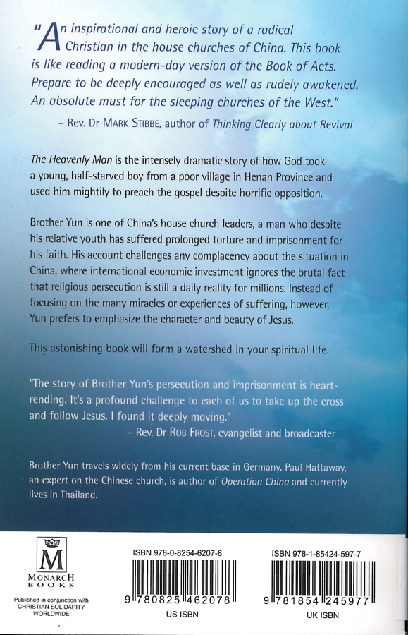 Picture of the back cover of the book entitled The Heavenly Man.