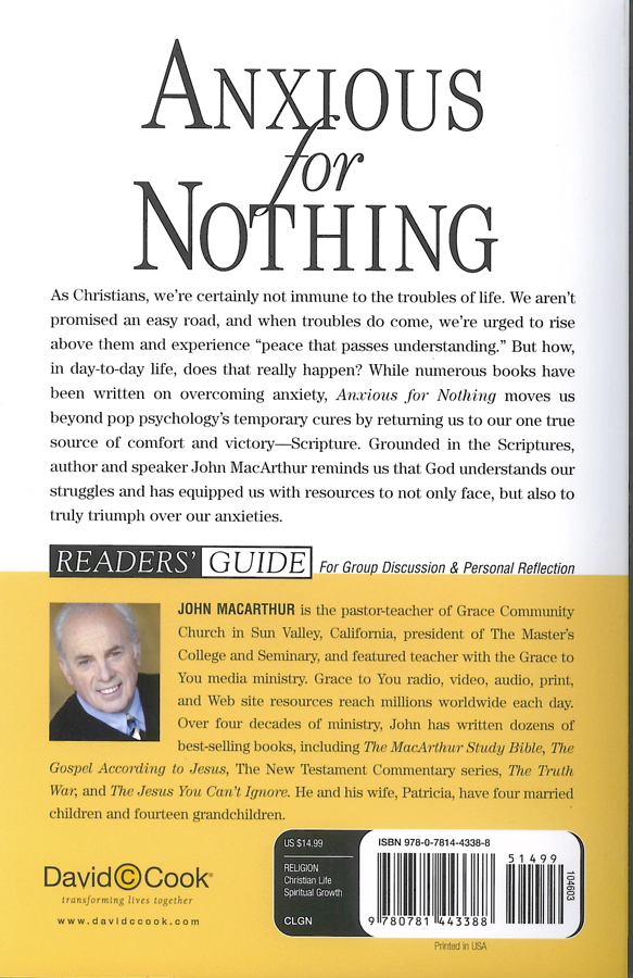 Picture of the back cover of the book entitled Anxious for Nothing.