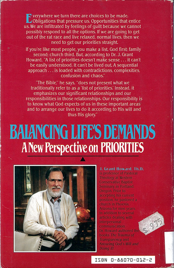 Picture of the back cover of the book entitled Balancing Life's Demands.