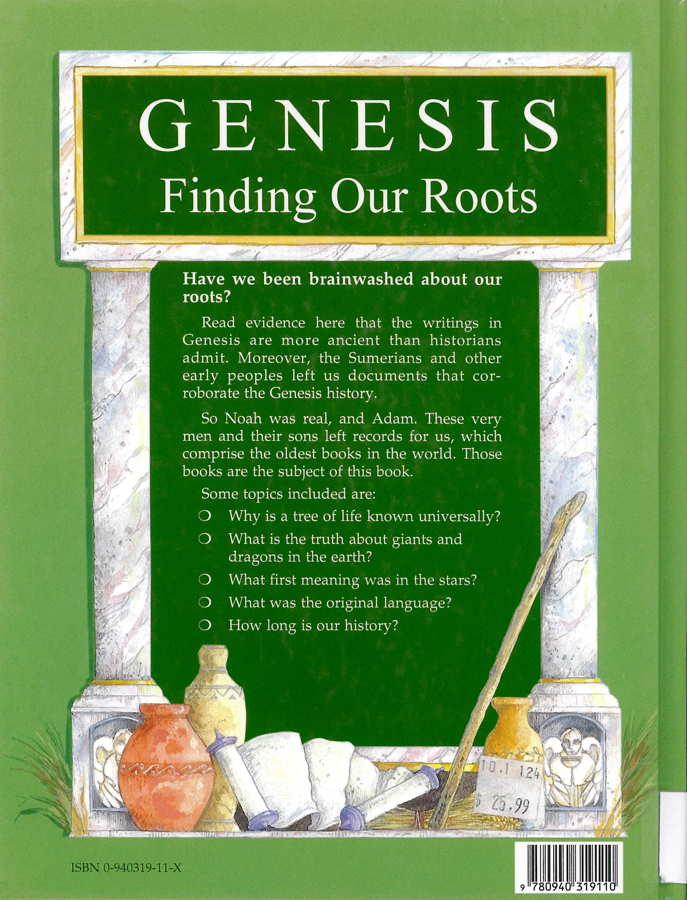 Picture of the back cover of the book entitled Genesis Finding Our Roots.