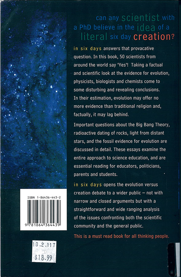 Picture of the back cover of the book entitled In Six Days.