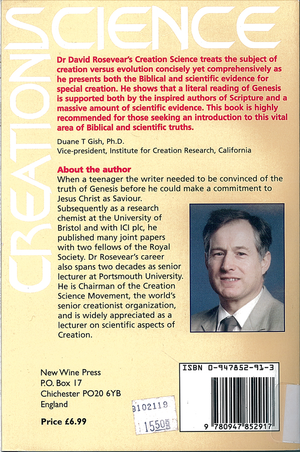 Picture of the back cover of the book entitled Creation Science: Confirming That the Bible Is Right.