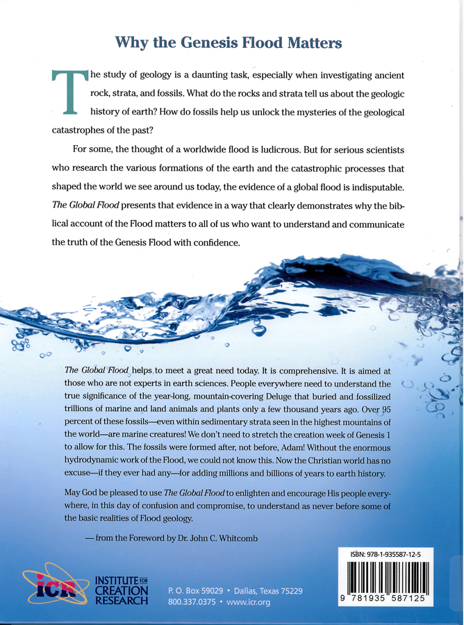 Picture of the back cover of the book entitled The Global Flood: Unlocking Earth's Geologic History.