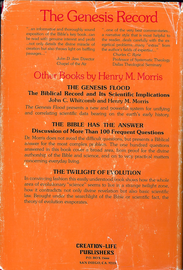Picture of the back cover of the book entitled The Genesis Record.