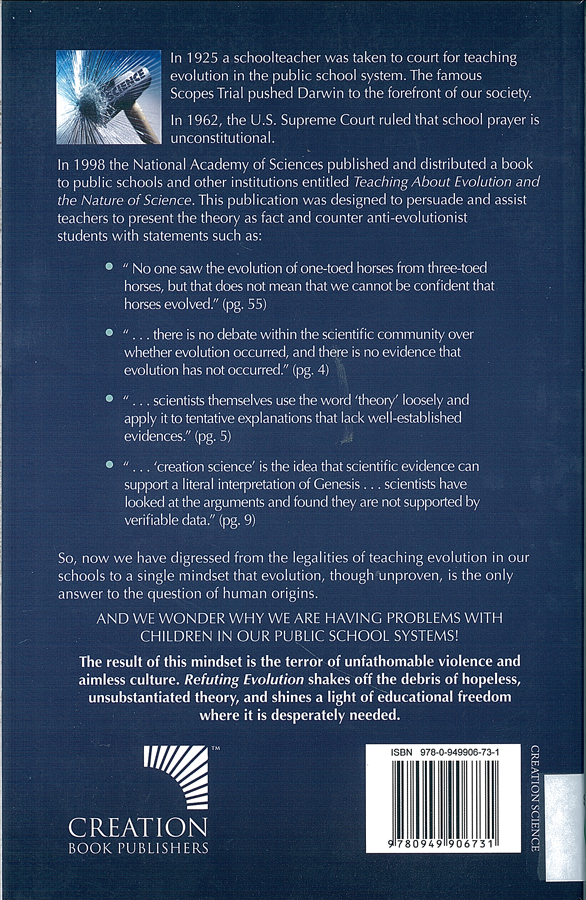 Picture of the back cover of the book entitled Refuting Evolution.