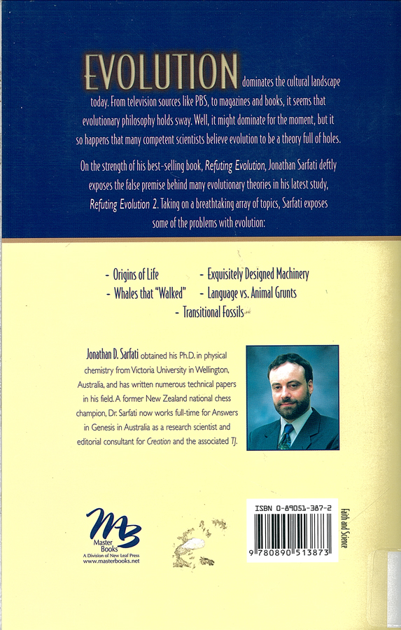 Picture of the back cover of the book entitled Refuting Evolution 2.