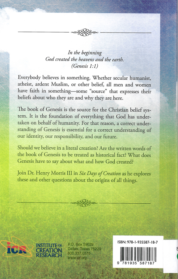Picture of the back cover of the book entitled Six Days of Creation.
