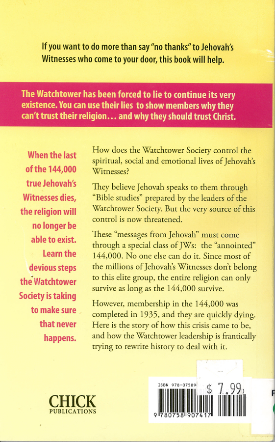 Picture of the back cover of the book entitled The WatchTower's Coming Crisis.