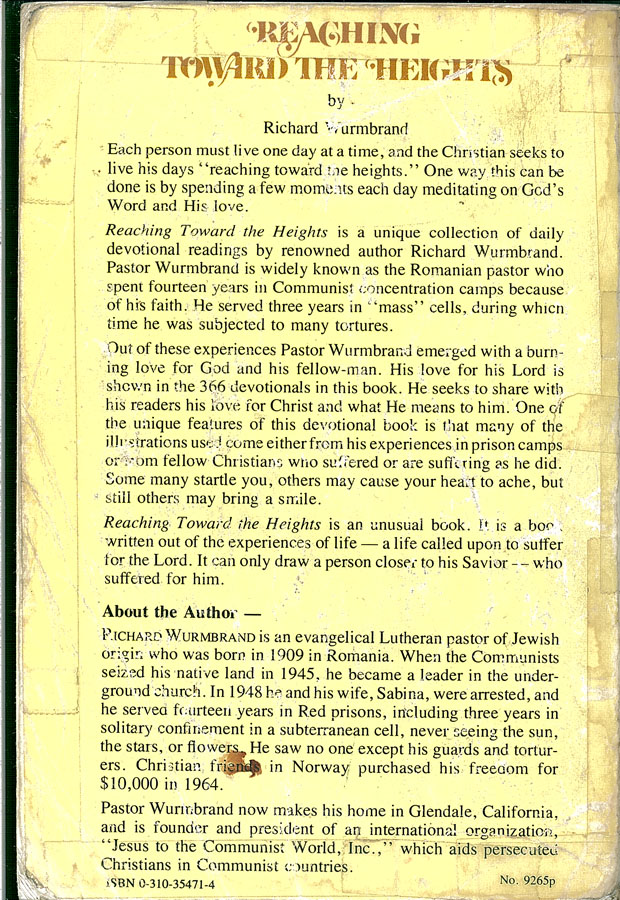 Picture of the back cover of the book entitled Reaching Toward the Heights.