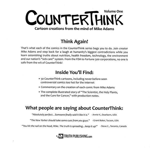 Picture of the back cover of the book entitled CounterThink Volume 1 Cartoon Creations From the Mind of Mike Adams.