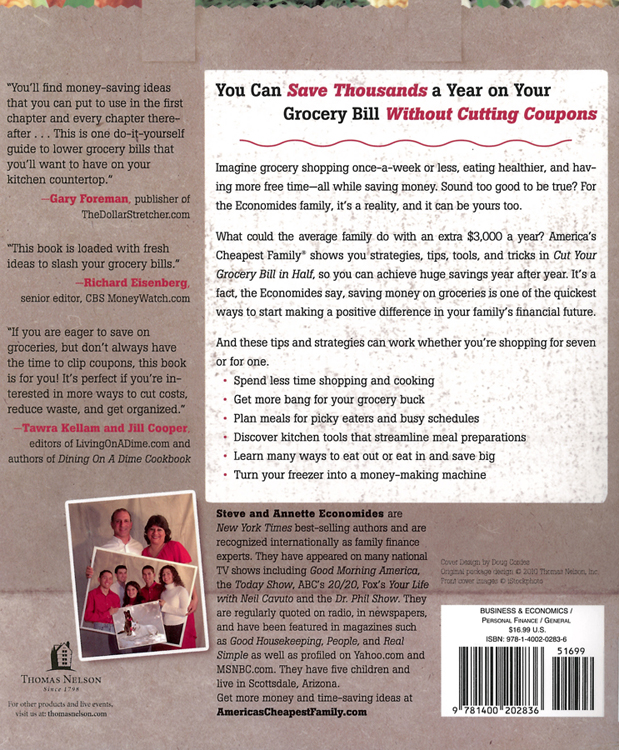 Picture of the back cover of the book entitled Cut Your Grocery Bill in Half.