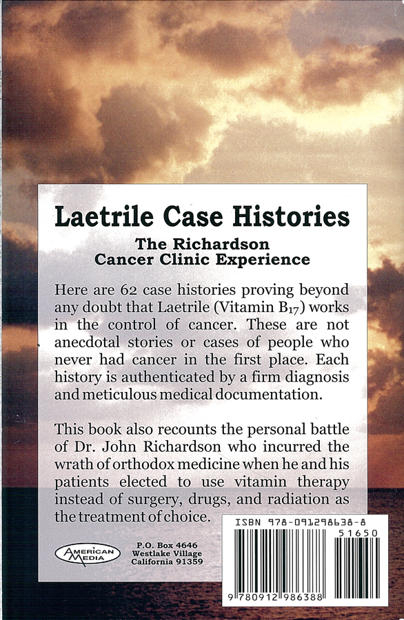 Picture of the back cover of the book entitled Laetrile Case Histories.
