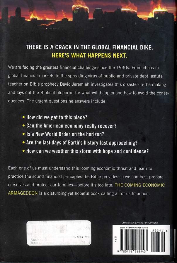 Picture of the back cover of the book entitled The Coming Economic Armageddon.