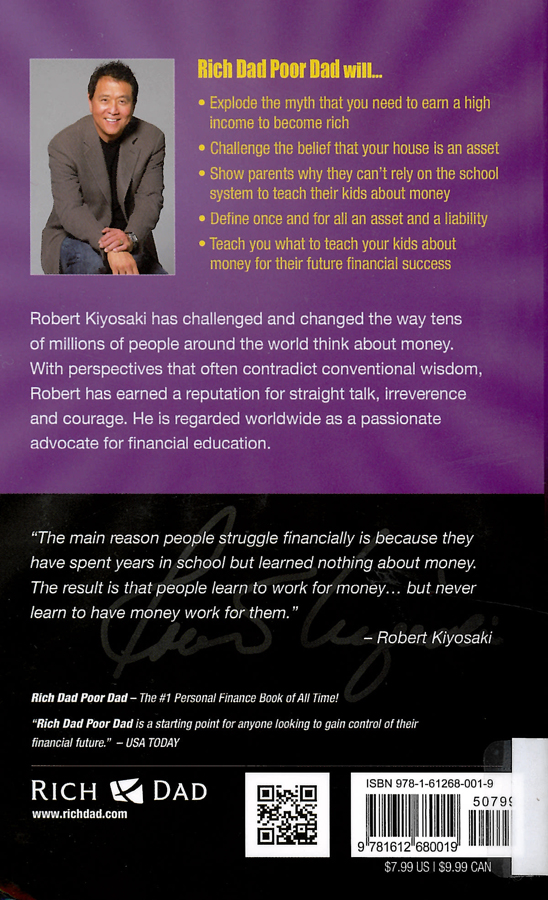 Picture of the back cover of the book entitled Rich Dad Poor Dad.