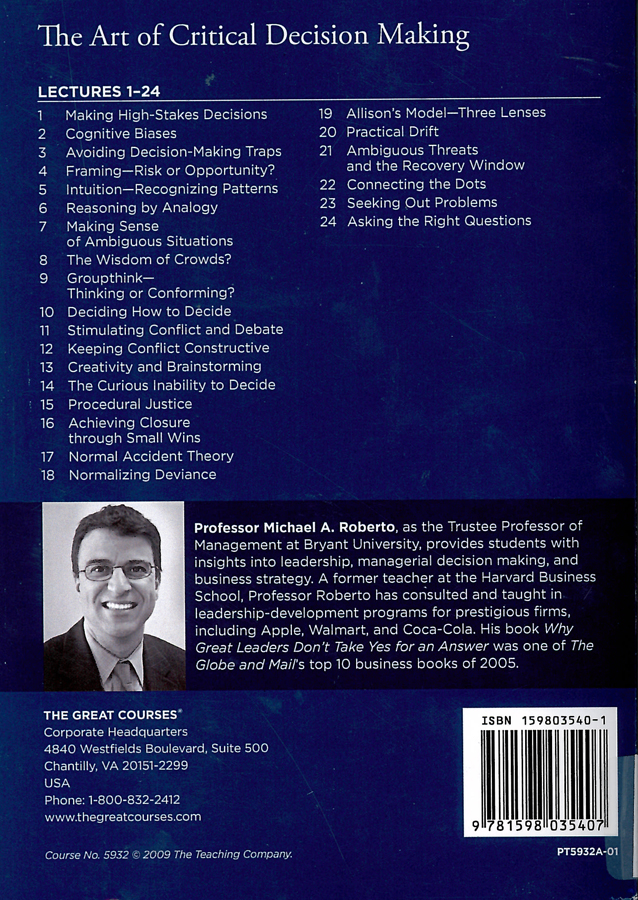 Picture of the back cover of the book entitled The Art of Critical Decision Making (Transcript Book).