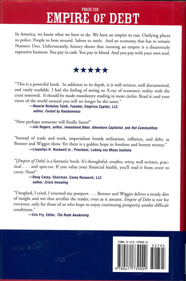 Picture of the back cover of the book entitled Empire of Debt: The Rise of an Epic Financial Crisis.