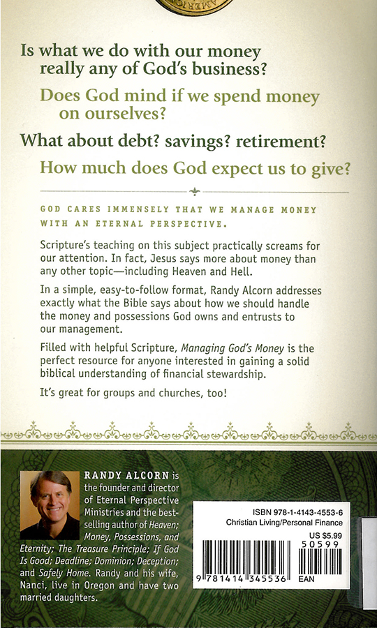 Picture of the back cover of the book entitled Managing God's Money.