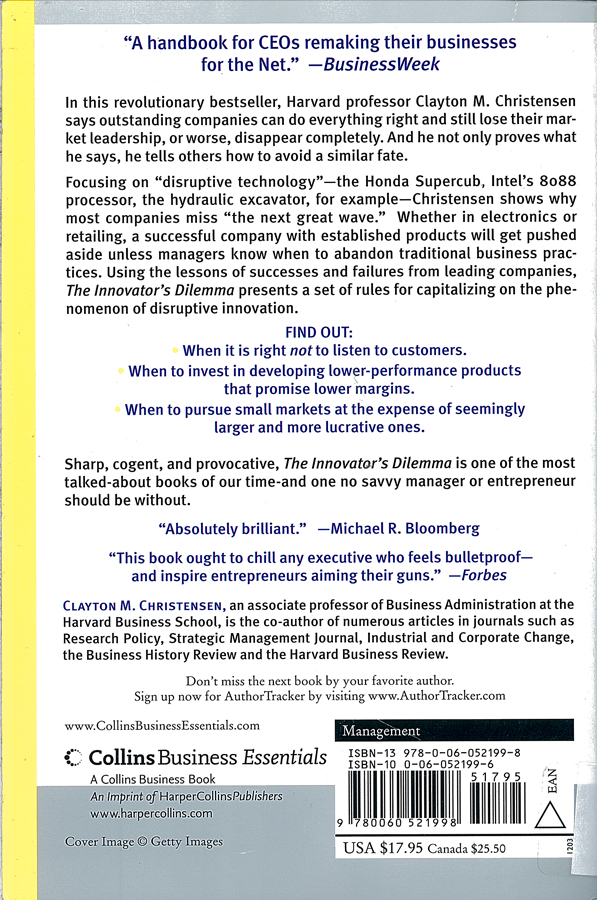 Picture of the back cover of the book entitled The Innovator's Dilemma.