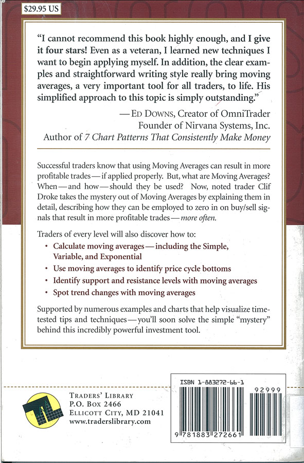 Picture of the back cover of the book entitled Moving Averages Simplified.