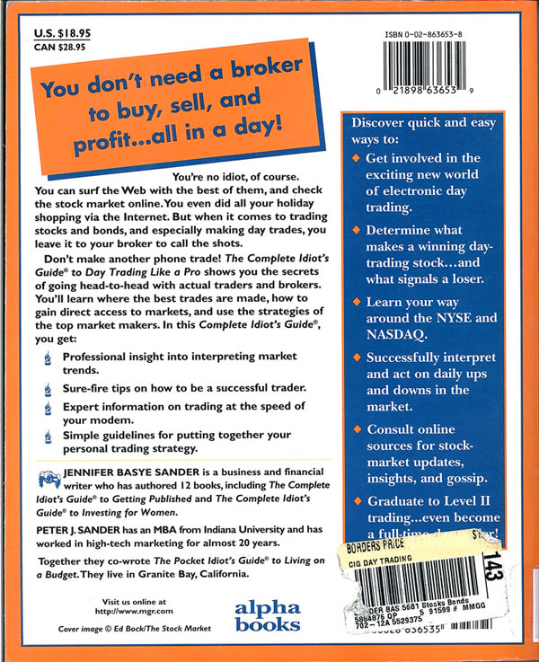 Picture of the back cover of the book entitled The Complete Idiot's Guide to Day Trading Like a Pro.
