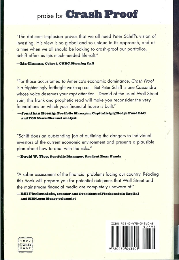 Picture of the back cover of the book entitled Crash Proof: How to Profit from the Coming Economic Collapse.