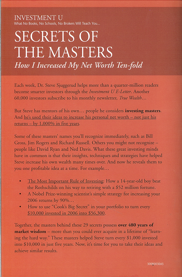Picture of the back cover of the book entitled Secrets of the Masters: How I Increased My Net Worth Ten-fold.