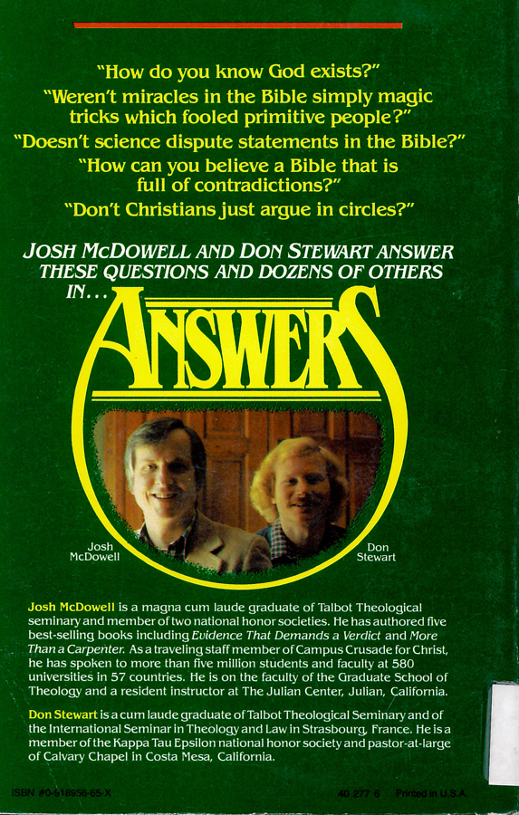 Picture of the back cover of the book entitled Answers to Tough Questions Skeptics Ask About the Christian Faith.