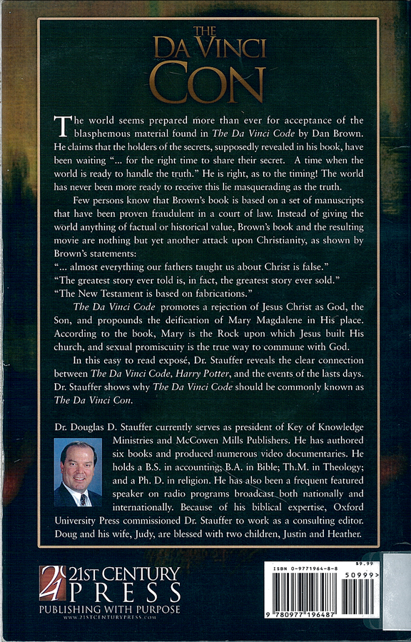 Picture of the back cover of the book entitled The DaVinci Con: The Great Deception.