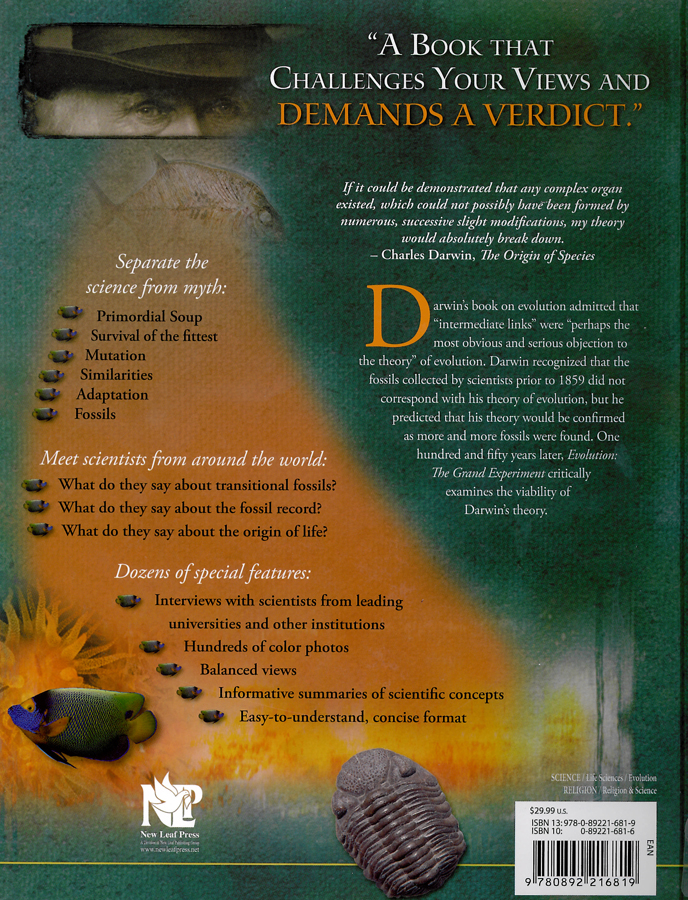 Picture of the back cover of the book entitled Evolution: The Grand Experiment.