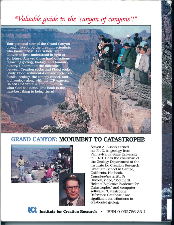 Picture of the back cover of the book entitled Grand Canyon: Monument to Catastrophe.