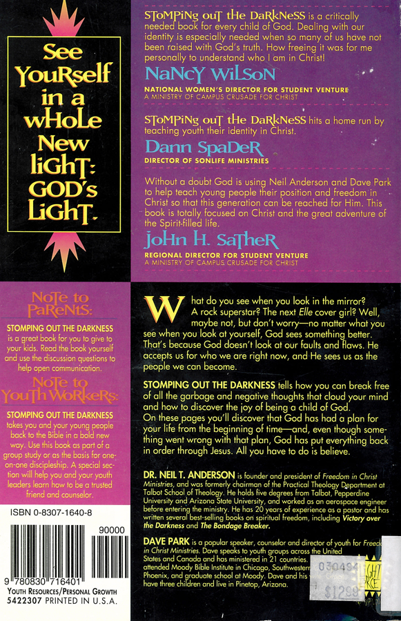Picture of the back cover of the book entitled Stomping Out the Darkness.