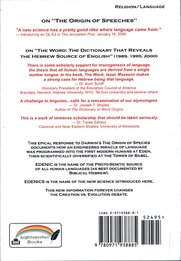 Picture of the back cover of the book entitled The Origin of Speeches.