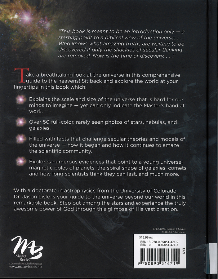 Picture of the back cover of the book entitled Taking Back Astronomy: The Heavens Delcare Creation.