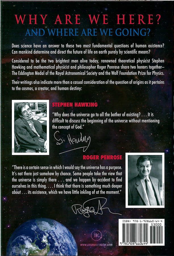 Picture of the back cover of the book entitled Cosmos, Creator and Human Destiny.