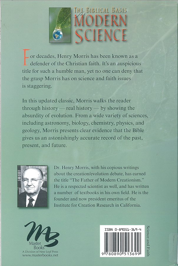 Picture of the back cover of the book entitled The Biblical Basis for Modern Science.