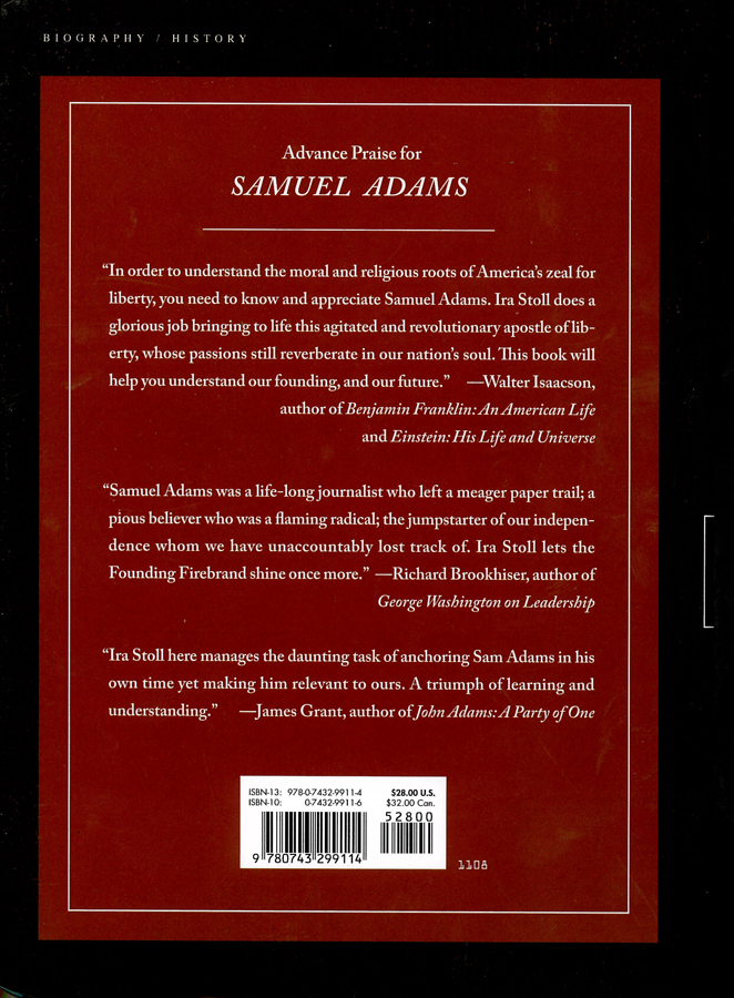 Picture of the back cover of the book entitled Samuel Adams A Life.