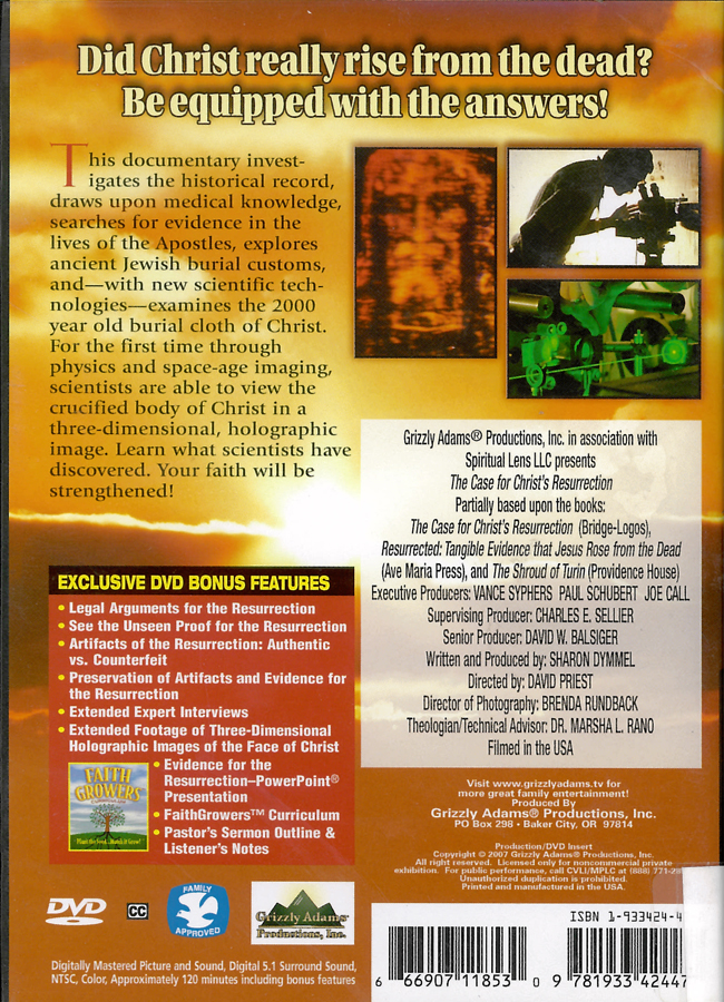 Picture of the back cover of the DVD entitled The Case for Christ's Resurrection.