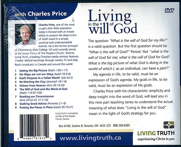 Picture of the back cover of the DVD entitled Living in the Will of God.