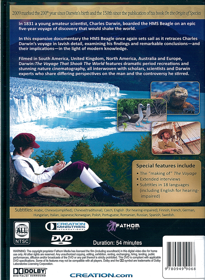 Picture of the back cover of the DVD entitled Darwin: The Voyage that Shook the World.