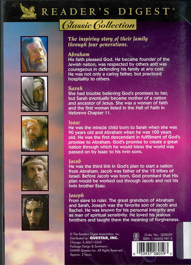 Picture of the back cover of the DVD entitled Great People of the Bible: Abraham, Sarah, Isaac, Jacob & Joseph.