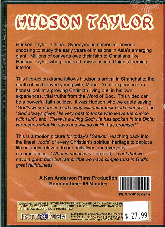 Picture of the back cover of the DVD entitled Hudson Taylor.