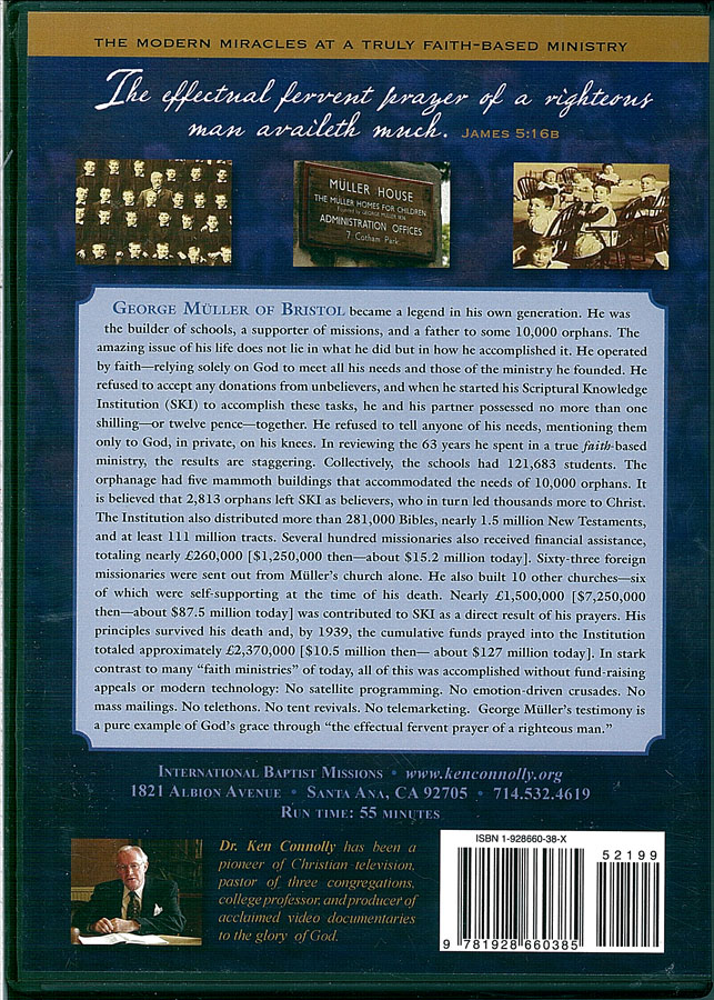 Picture of the back cover of the DVD entitled Obstacle to Comfort: The Faith Ministry of George Muller.