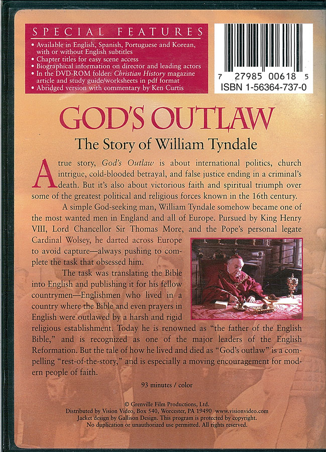 Picture of the back cover of the DVD entitled God's Outlaw: The Story of William Tyndale.