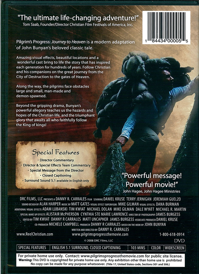 Picture of the back cover of the DVD entitled Pilgrim's Progress: Journey to Heaven.