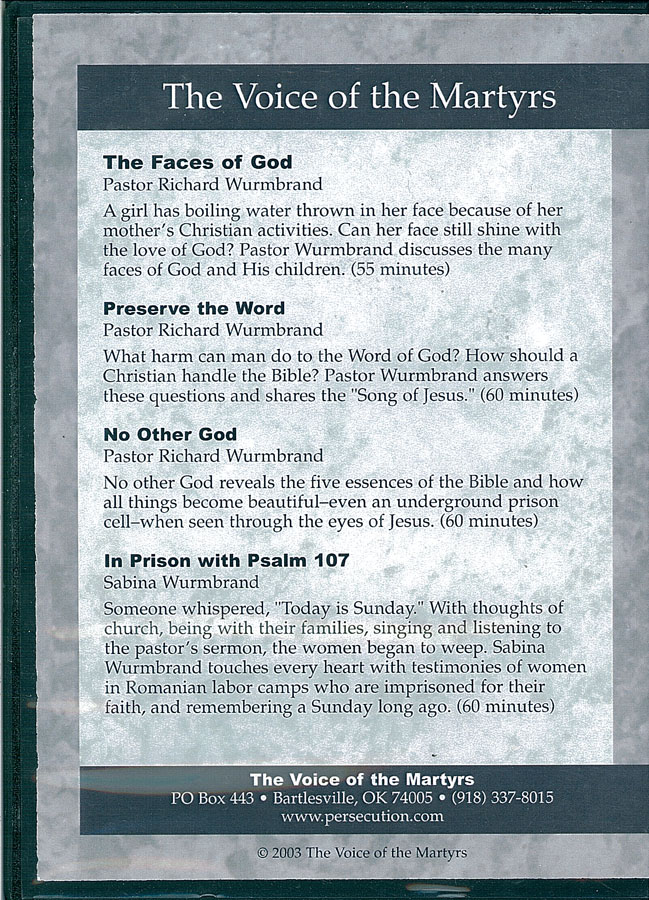 Picture of the back cover of the DVD entitled Wurmbrand Sermon Series: The Voice of the Martyrs.